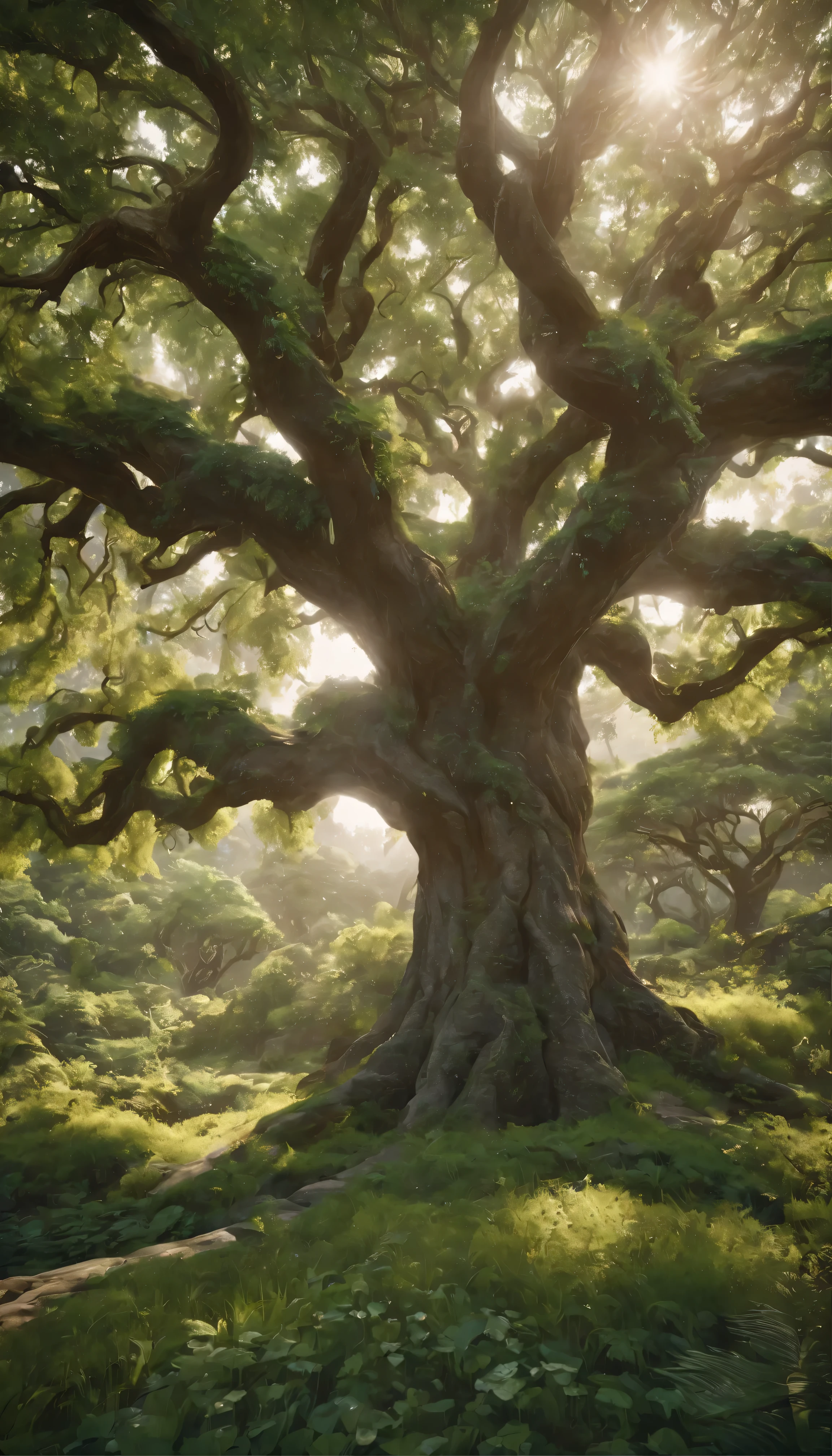 With fascinating concept art of the landscape、8K resolution and super cool sci-fi style、Boasting ultra-realistic and dramatic lighting。Atmospheric shadows create a sense of depth and mystery.、It uses ray tracing and 3D cinematic rendering to highlight hyper-detail features.。This image, with a majestic tree at the center,、Showing a very high level of detail、ArtStation&#39;s 4K and Ultra HD trend masterpiece、HDR enhances Engine 5 rendering to the point of being unrealistically stunning。