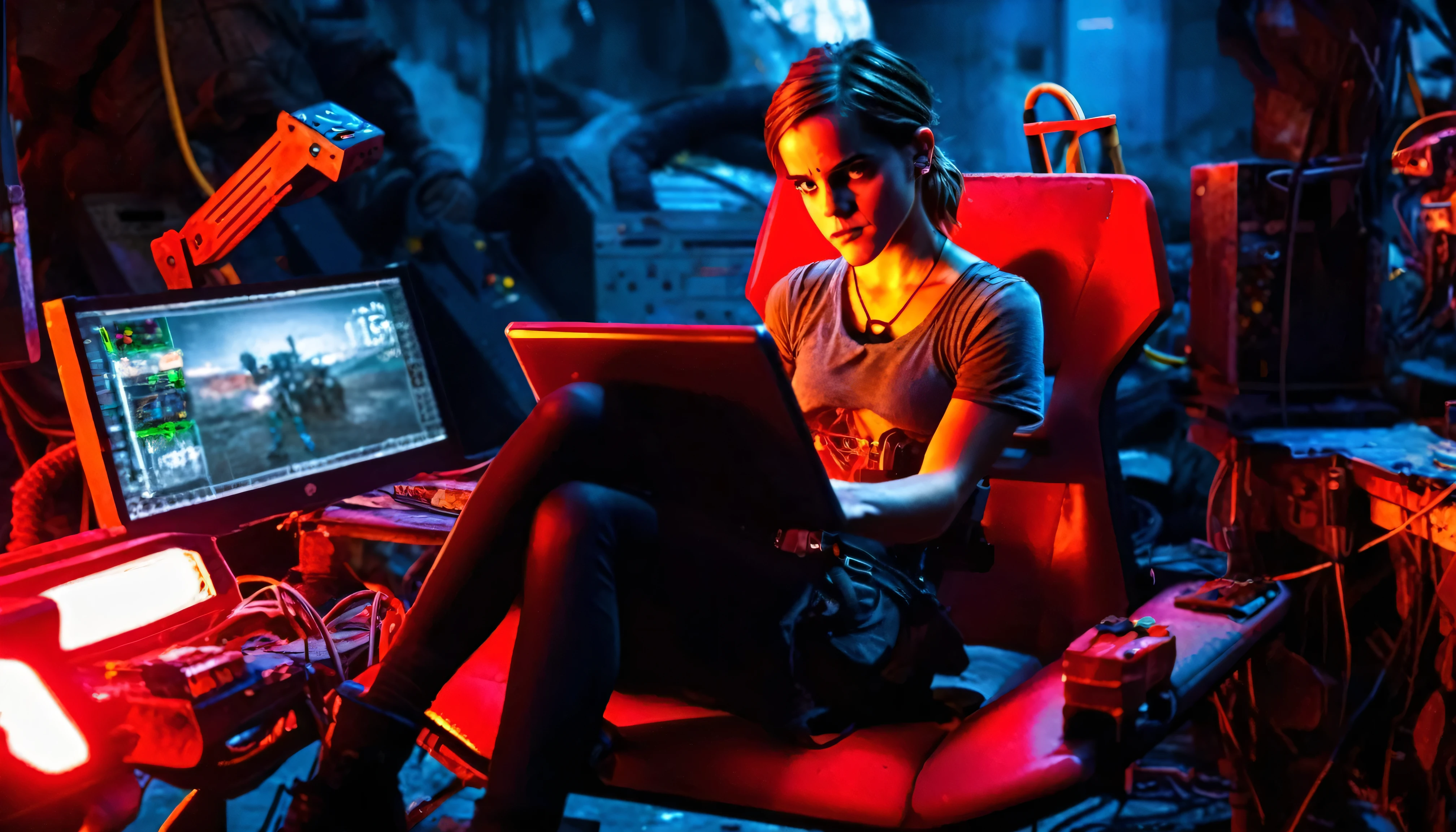 Emma Watson sitting on a red armchair facing the viewer in an apocalyptic wasteland environment, pigtailed hair, ripped dark grey leather clothes, cutoff shirt, hot pants, highly detailed face, slightly smiling, legs spread, very short dark worn socks, electronic lab tools on a workbench and computer parts laying around, screens show dark themed user interfaces, LEDs on several devices illuminate the room and show activity