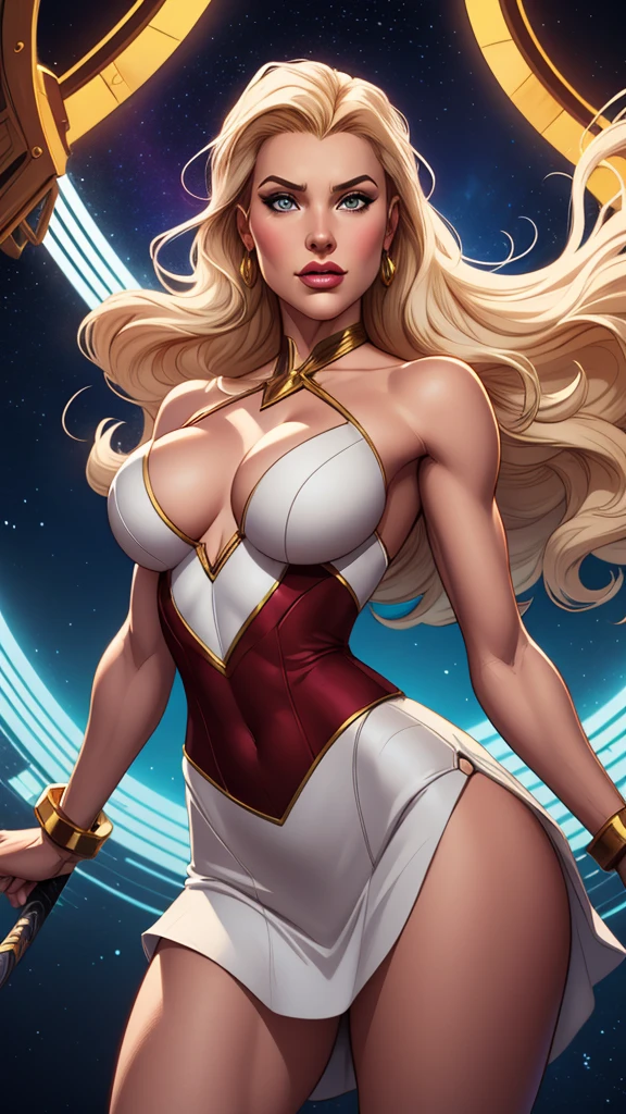 a Cartoon-style drawing GTA-style digital illustration of a woman with a white dress and a sword, She-Ra, ela - ra, a princesa do poder, garota poderosa, intergalactic princess, franco para, estilo ivan talavera e artgerm, Cory Chase como Atlante, zenoscope, deusa loira, Emma Frost, artgerm julie bell beeple style Cartoon style digital illustration GTA style