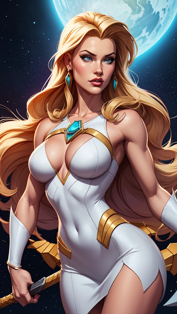 (1.2,8k,highres,masterpiece),beautiful blonde woman,white latex micro dress,opening at breast level,opaque white sheer opera gloves,sheer white tights,neutral background, detailed facial features,sparkling blue eyes,full pink lips,resplendent golden hair,soft and delicate skin,vibrant and realistic colors,pin-up style,studio lighting