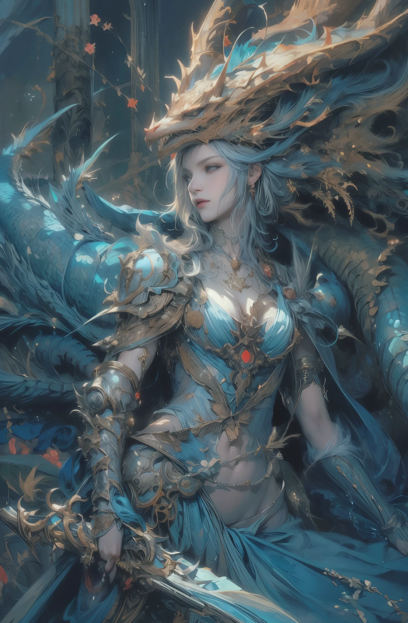 槍を持った美しきfemale dragon knight, Rin々しいfemale dragon knight, A beautiful woman with a dragon, God&#39;s Kin, Detailed fantasy art, Fantasy art style, Fantasy style art, highly Detailed fantasy art, detailed Digital 2D Fantasy Art, fantasy artist, epic Fantasy art style hd, High quality fantasy art, Detailed fantasy illustrations, fantasy book illustration, Digital 2D Fantasy Art, Fantasy Art Illustration, 4k fantasy art, author：Jean Jay., Fantasy art style, 2. 5D CGI Anime Fantasy Artwork, epic Fantasy art style hd, Epic fantasy digital art style, Detailed fantasy art, 詳細なDigital 2D Fantasy Art, Luan Jia and Artgerm, 8k fantasy art, female dragon knight, Sharp contours, very fine and beautiful eyes, Blue eyes without pupils, Beautiful Blue Eyes, pretty much beautiful face, Also々exterior, Valhalla, Unparalleled beauty, masterpiece, highest quality, The perfect angle, Perfect composition, Best Shot, Official Art, Cinematic light, Very beautiful and fantastic scenery, chivalry dream, Presence, Michael Letter, Christoph Huge 、Ultra-precision coating, Luminism, art by Carne Griffiths and What a bone Concept Art, 4K resolution, Fractal isometric detailed bioluminescence , 3D Rendering, Octane Rendering, Exquisitely crafted , Cinematic, Art Station&#39;trendy, Isometric Center, Surreal cover photo, Amazing full color, Handwriting, Hit definition , Cinematic,Great background, Abstract Beauty,stand, Approaching perfection, Pure Form, Golden Ratio, Minimal, Concept Art, By Brian Froud、Karn Griffiths、What a bone、John William Waterhouse, Intricate details, 8K Post-Production, High resolution, Hyper Detail, Art Stationのトレンド, Studio shot, Intricate details, Very detailed, Greg Rutkowski, Encounter with an Ancient Dragon, Close-up