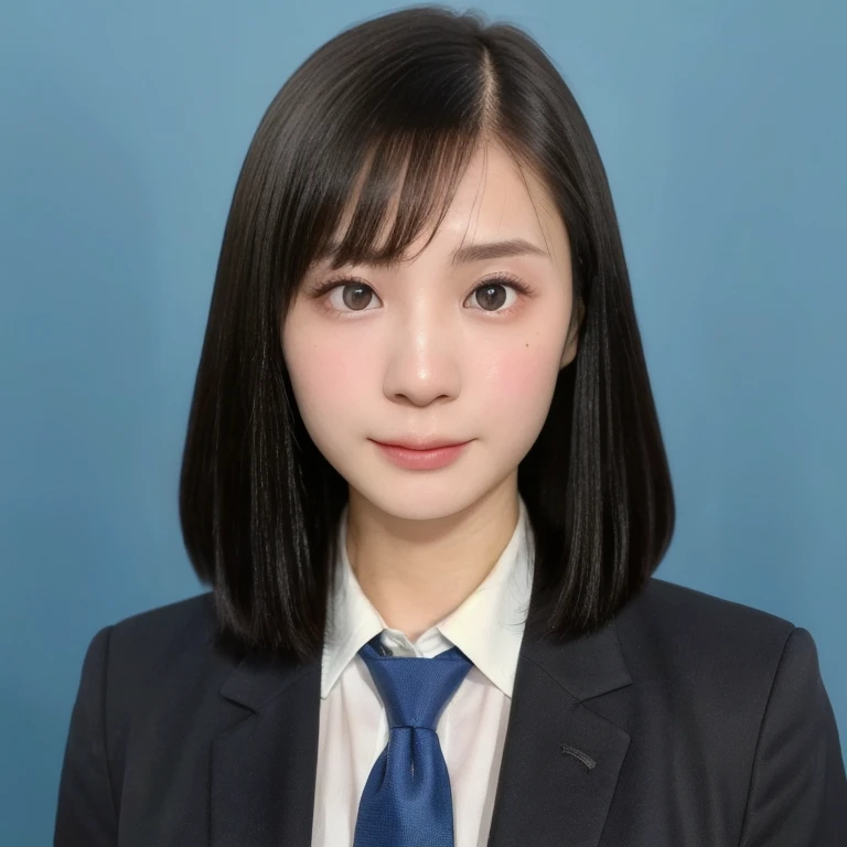 (kawaii 24 year-old Japanese girl, Nogizaka idol, Korean idol), (glossy black hair, medium bob, aligned hair length and symmetric hair style, hair edges should be in behind of shoulders:1.3), (pure black eyes, rounded face, single eyelid, no makeup, serious expression:1.2), (wearing suit jacket, collared shirt, necktie:1.3), (extra small breasts:0.9), (looking at viewer:1.2), BREAK, (simple blue background, yearbook background:1.3), (portrait, id photo, bust shot, view from vertically straight forward:1.3), (enough upper margin for background:1.3), BREAK, (masterpiece, best quality, photo realistic, official art:1.4), (UHD, 8K quality wallpaper, high resolution, raw photo, golden ratio:1.3), (shiny skin), professional lighting, physically based rendering, award winning, (highly detailed skin, extremely detailed face and eyes), Carl Zeiss 85 mm F/1.4, depth of field, 1girl, solo,