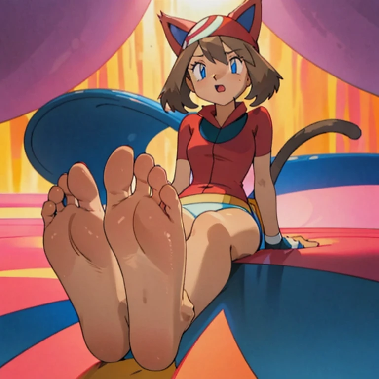 character_pokemon_may, may \(pokemon\), Maypokemon, barefoot, bare legs, soles, bandana, POKEMON_CHARACTER_MAY, barefoot, blue eyes, brown hair, red bandanna, red shirt, white skirt, blue shorts, bike shorts, biker shorts, catgirl, cat girl, pink cat ears, long ears, big tail, big cat ears, pink cat tail, cat tail, tail, pink tail, skitty, Skitty ears, Skitty tail, foot transformation, short hair, May shows her feet and soles, playful, open mouth, happy, blushed, foot focus, looks at viewer, foot tease, foot fetish, high soles, feet posing, Commission for high resolution, low resolution, detailed legs towering over you, detailed legs looming over you, Foot Art POV, Detailed legs、sole of feet, bare-legged, two legs, two feet, medium breasts, sitting, three-toed feet, three toes, cat pose, raise leg, raise foot,