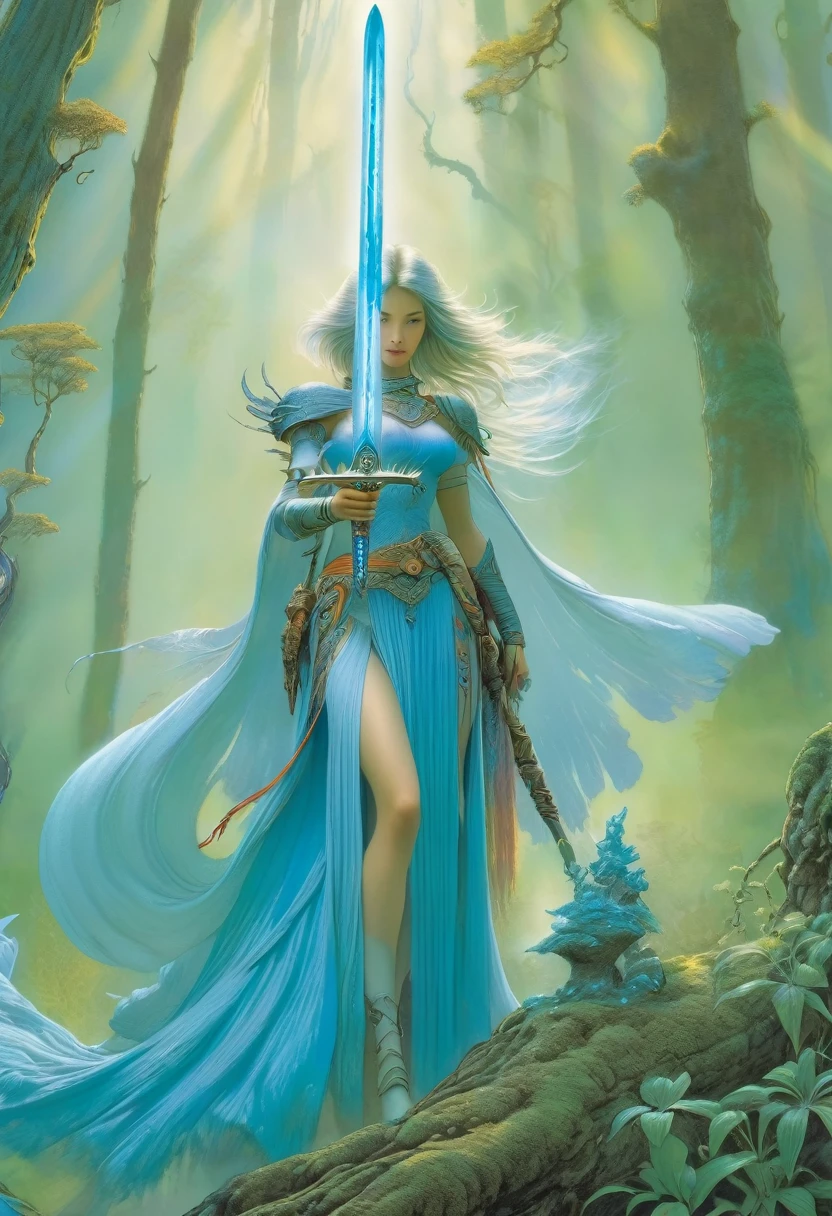 best quality,4k,8k,highres,masterpiece:1.2,ultra-detailed,realistic:1.37, A female spellblade wielding a translucent blue sword is accompanied by a guardian spirit. The sword hungers for souls as it glows with ethereal energy. The woman is protected by the guardian spirit, which emanates a comforting and powerful presence., Flowing silver hair., The atmosphere is reminiscent of the mysterious and enchanting world of the Final Fantasy X game, with elements of JRPG and RPG. The scene is filled with vibrant colors, capturing the essence of the fantasy universe. The lighting casts a warm glow, highlighting the intricate details of the female spellblade, and the guardian spirit. As the female spellblade gracefully maneuvers her weapon, the kodama spirits watch from the surrounding forest, adding an extra layer of magical intrigue to the scene., Concept art inpired by Jean Giraud Moebius, The overall quality of the generated image is of the highest standard, with ultra-detailed visuals to bring this captivating composition to life. The artwork is reminiscent of a masterpiece, exhibiting the finest craftsmanship in the medium of digital illustration., Yoshitaka Amano style