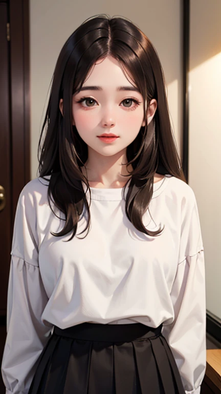 Blushing lightly and smiling, (Top quality masterpiece:1.2) Delicate illustrations, Very detailed, /Beautiful Japanese Woman、1 person,Very cute and slim、Excellent style 、((8K images、super high quality))、Very delicate face, beautiful forehead、Red lipstick,(((((Long Hair、Gradient Hair、Brown Hair))))),Very cute Japanese cut face、Eyes and nose are clearly visible、Kind eyes,(White shirt、Tight Skirt)、Hotel Rooms、Night view