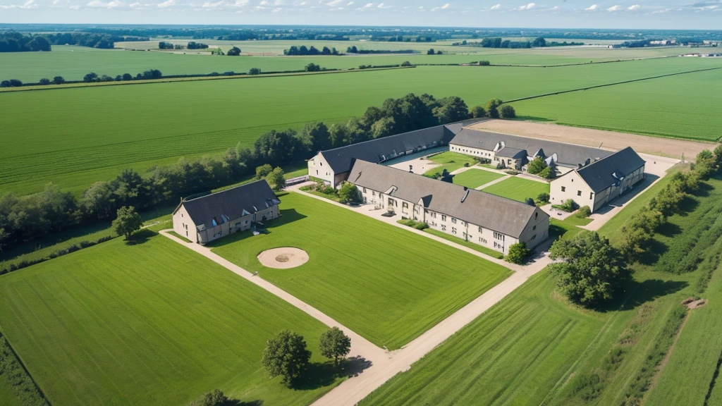 A school, old, large, is located in a green and beautiful field, there is no sign of any civilization nearby, image in high quality, image seen from above