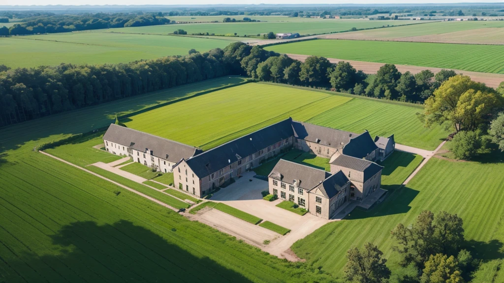 A school, old, large, is located in a green and beautiful field, there is no sign of any civilization nearby, image in high quality, image seen from above