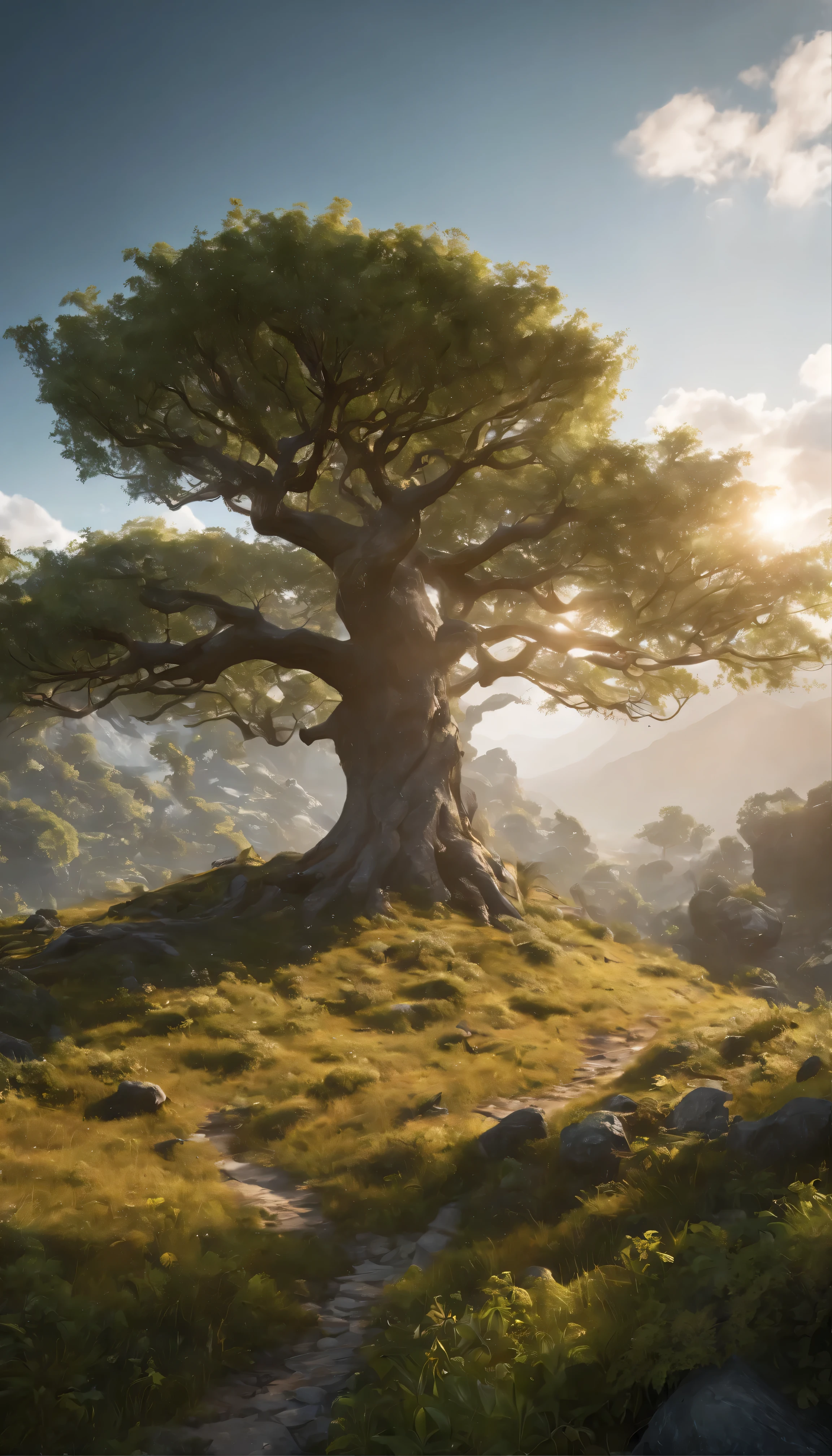 With fascinating concept art of the landscape、8K resolution and super cool sci-fi style、Boasting ultra-realistic and dramatic lighting。Atmospheric shadows create a sense of depth and mystery.、It uses ray tracing and 3D cinematic rendering to highlight hyper-detail features.。This image, with a majestic tree at the center,、Showing a very high level of detail、ArtStation&#39;s 4K and Ultra HD trend masterpiece、HDR enhances Engine 5 rendering to the point of being unrealistically stunning。