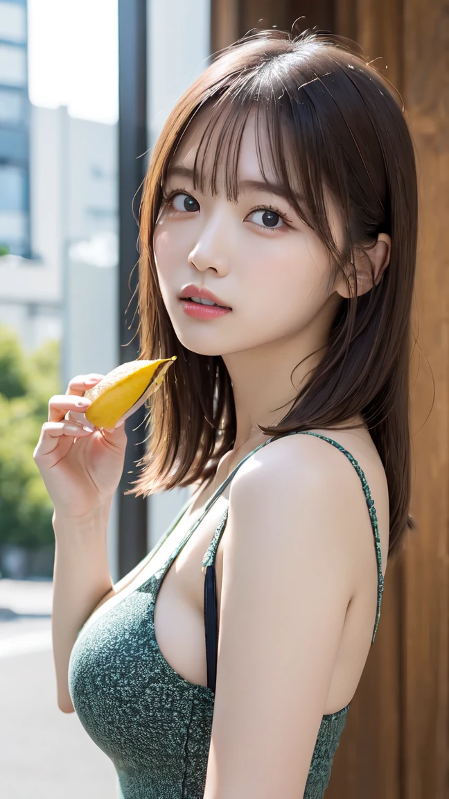 The cutest gravure idol pose in the world、Perfect proportions、Large Breasts, valley, cute、((18-year-old female:1.ung and adorable Japanese face,Official Art,Highly detailed CG Unity 8k wallpaper,(masterpiece:1.0),(highest quality:1.0), 超A high resolution,4k,Very detailed, photo shoot, 8K, nffsw, High resolution, Kodak Portrait 400, Film Grain, Lens Flare Glow,高いest quality,8K,nffsw:1.2),Portrait Shot,8K、Hold a banana。get wet。