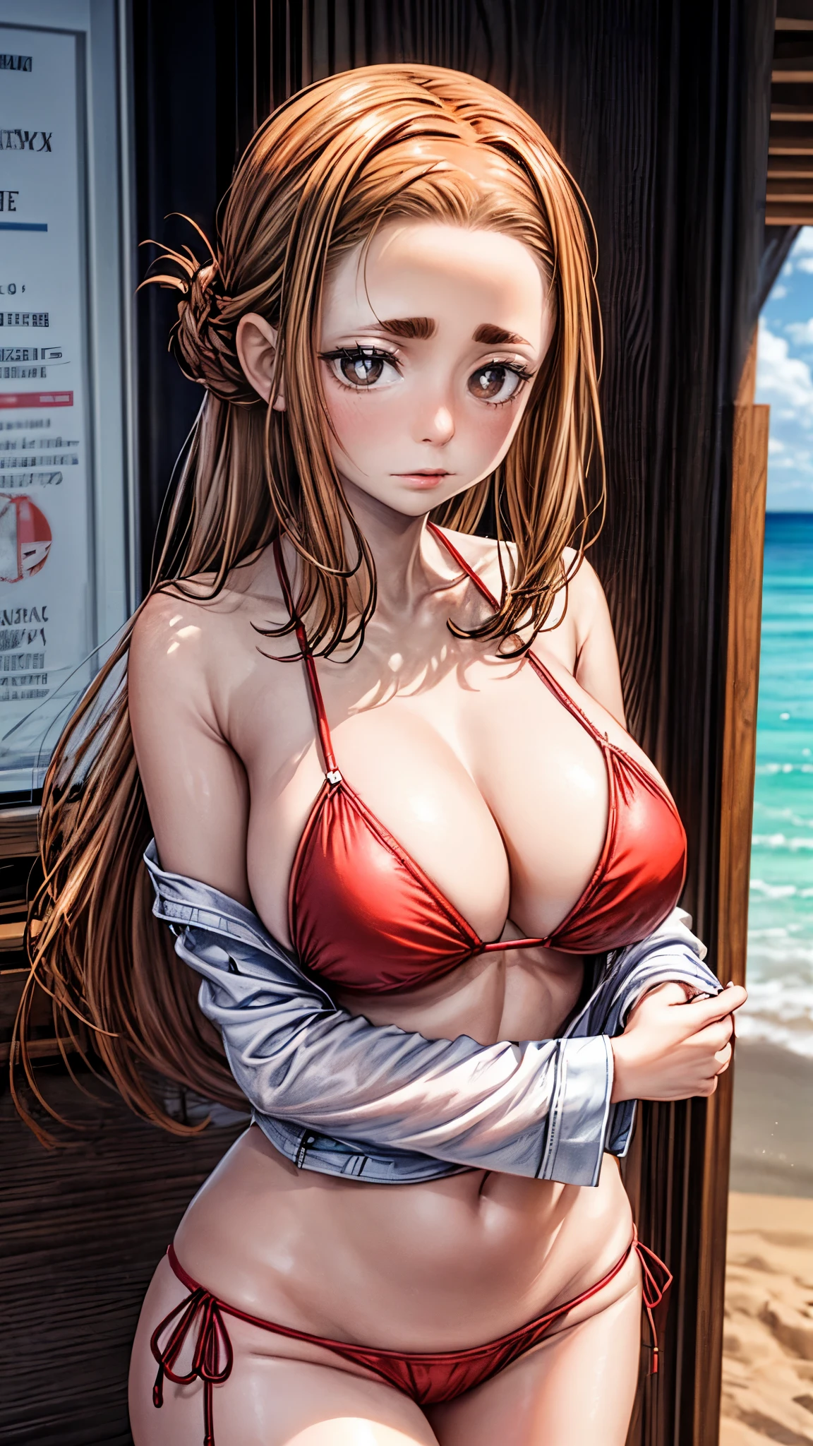 (masterpiece, best quality:1.2), solo, 1girl, ogawa sumireko, (( white pupils)), detailed eyes, hair up, half eyebrows, bikini, ((wearing red bikini)), thick body, fullbody: 1.5, long sleeves, upper body in beach, depth of field, large breasts, mature female, breasts squeezed together, v arms, looking at viewer, embarrassed, blush, csr style texture