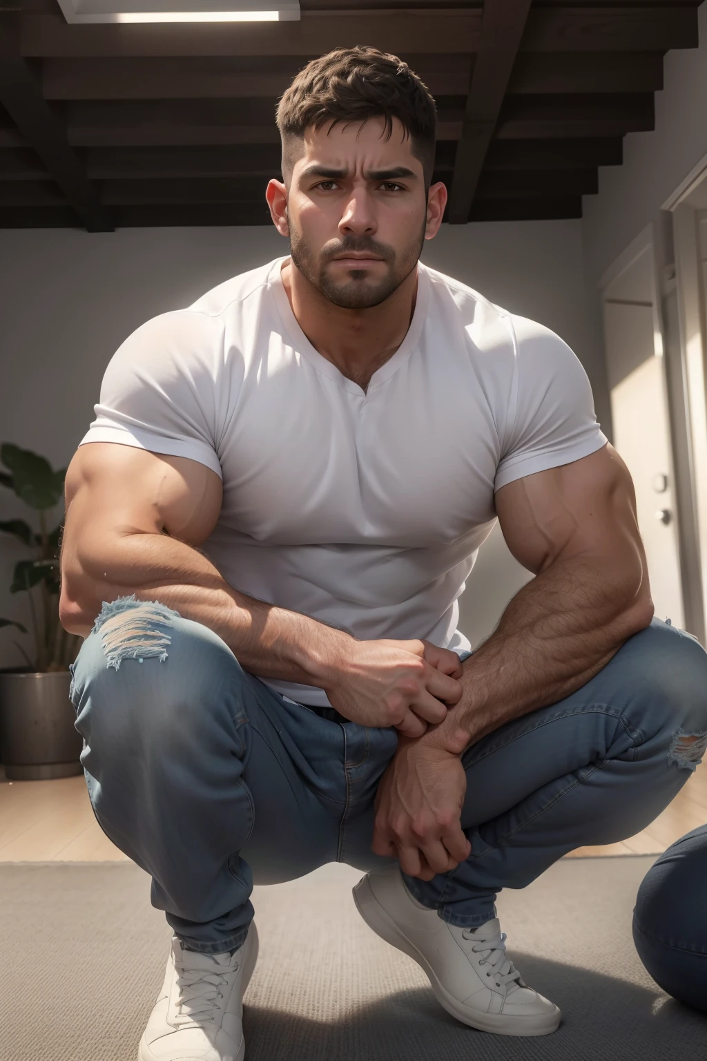 Realistic 8K image of a 33-year-old man, rubio, Fuerte, musculoso y nalgon, cabello corto, ojos verdes, Vestido con una camiseta blanca sin mangas y jeans grises, , de pie en la sala de estar de un apartamento sencillo, escena nocturna. Cuerpo completo gray jeans , same model  nalgon, crouched 