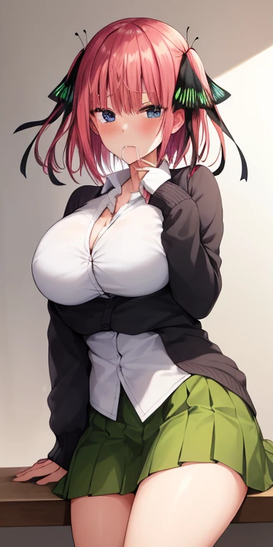 hight resolution, Nakano Nino, 1girl in, 1 boy,Pink hair, Short hair,cum in mouth,fellatio,1boy,penis,Colossal , butterfly hair ornament, Large breasts, cleavage, be shy,Green skirt, Black cardigan,white  shirt, Collared shirt, Open your clothes, Voluptuous thighs, extra limb, extra digit / fewer digit, Looking at Viewer,