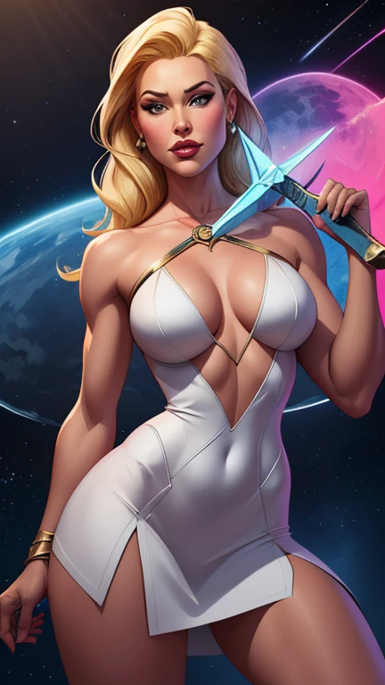 a Cartoon-style drawing GTA-style digital illustration of a woman with a white dress and a sword, She-Ra, ela - ra, a princesa do poder, garota poderosa, intergalactic princess, franco para, estilo ivan talavera e artgerm, Cory Chase como Atlante, zenoscope, deusa loira, Emma Frost, artgerm julie bell beeple style Cartoon style digital illustration GTA style