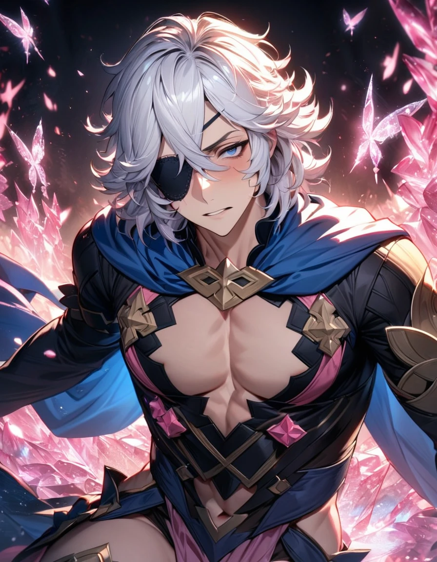 absurdres, highres, ultra detailed, HDR, masterpiece, extremely detailed face and eyes, Niles, white hair, expressive dark blue eyes, Fire Emblem Fates, black eye patch on his left eye, solo, sexy man, handsome, blue cape, black clothes, pink ice trees, pink ice butterflies, pink ice flowers, pink ice fantasy