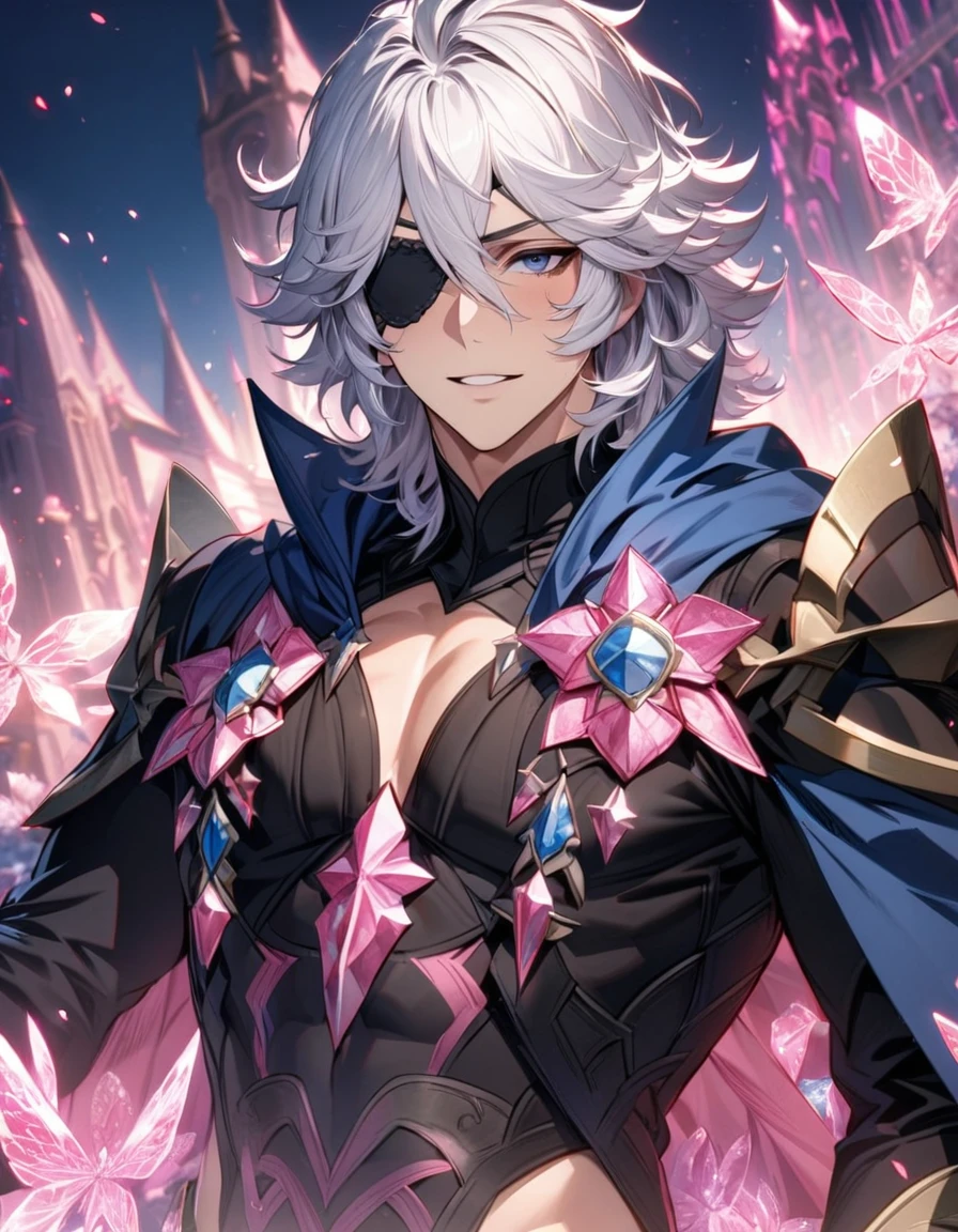 absurdres, highres, ultra detailed, HDR, masterpiece, extremely detailed face and eyes, Niles, white hair, expressive dark blue eyes, Fire Emblem Fates, black eye patch on his left eye, solo, sexy man, handsome, blue cape, black clothes, pink ice trees, pink ice butterflies, pink ice flowers, pink ice fantasy