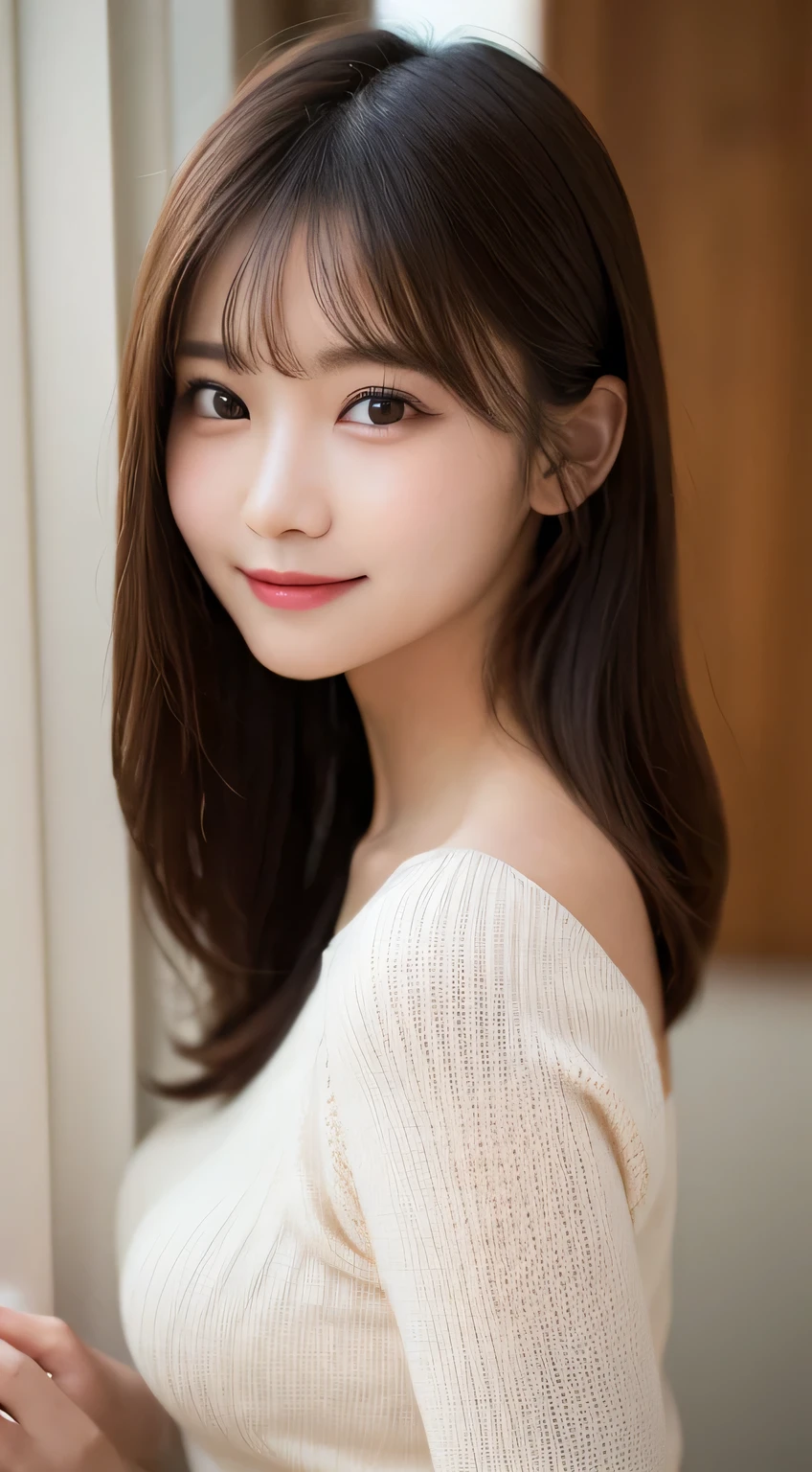 Tabletop, highest quality, figure, Very detailed, In detail, High resolution, 8k wallpaper, Perfect dynamic composition, Beautiful fine details, navy long sleeve knit dress,Straight hair,small breast natural color lip, Randomly sexy poses,smile,Home、20-year-old girl、cute、sexy shot looking at camera,Perfect and beautiful face,wedding style