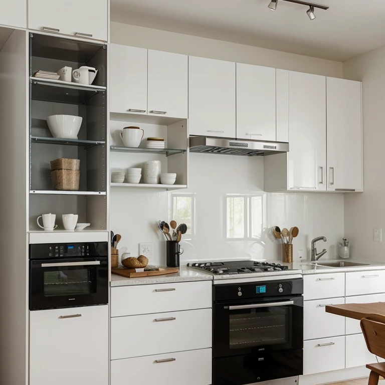Cozinha decorada com moveis planejados: Linhas retas e minimalistas, cores neutras como branco, preto e cinza, stainless steel appliances, bancada de granito ou silestone.
lighting: lighting natural e artificial bem planejada, pendant lights over the island or counter, stains under cabinets.
Organization: Drawers and shelves with dividers, cabinets with sliding or opening doors, niches for small appliances.