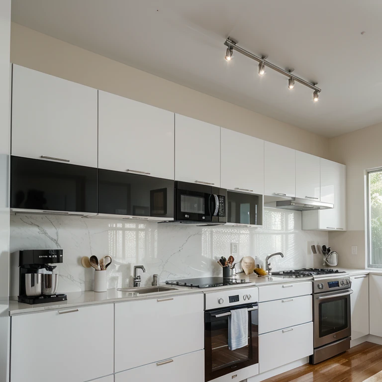 Cozinha decorada com moveis planejados: Linhas retas e minimalistas, cores neutras como branco, preto e cinza, stainless steel appliances, bancada de granito ou silestone.
lighting: lighting natural e artificial bem planejada, pendant lights over the island or counter, stains under cabinets.

Organization: Drawers and shelves with dividers, cabinets with sliding or opening doors, niches for small appliances.


