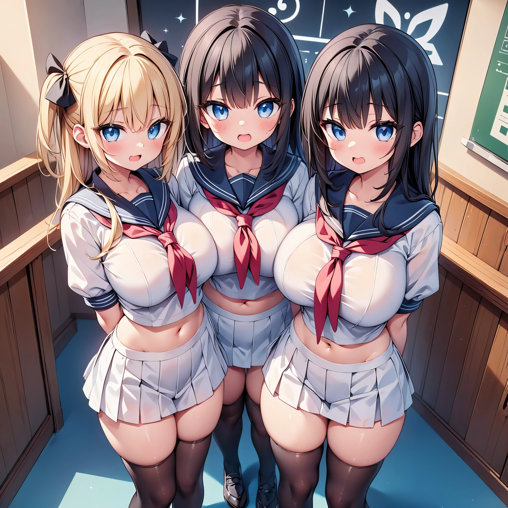 (cute eyes:1.2), (sparkling eyes:1.2), highest quality,wonderful,finely,extremely detailed CG Unity 8K wallpaper, (Stand in line:1.2), (3 girls, sailor uniform, clothed), (huge breasts), (open mouth:1.1), (long tongue:1.1), (mouth drool:1.1), (black stockings:1.1),(Thighs:1.1),(Waistline:1.1),(midriff peek:1.1)