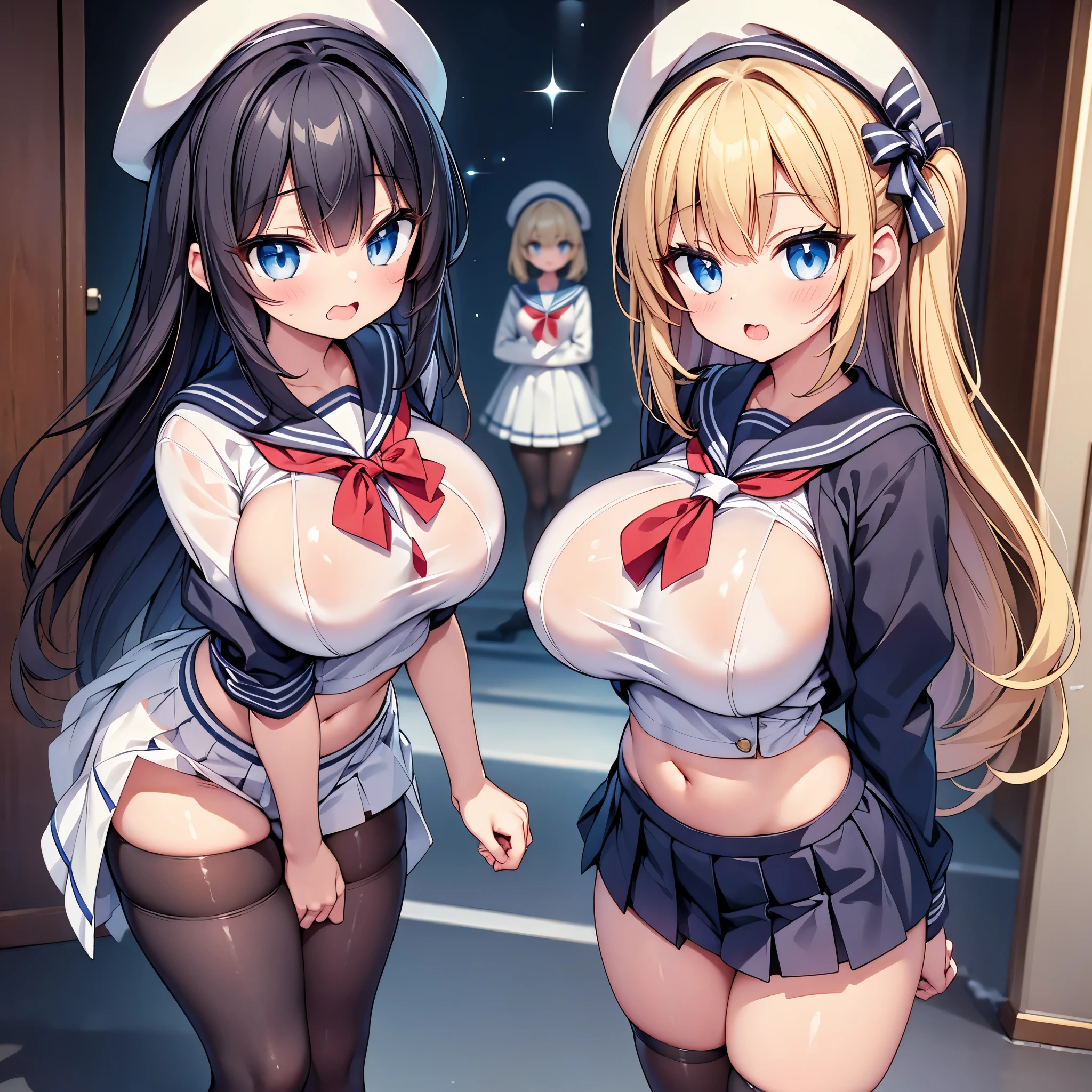(cute eyes:1.2), (sparkling eyes:1.2), highest quality,wonderful,finely,extremely detailed CG Unity 8K wallpaper, (Stand in line:1.2), (3 girls, sailor uniform, clothed), (huge breasts), (open mouth:1.1), (long tongue:1.1), (mouth drool:1.1), (black stockings:1.1),(Thighs:1.1),(Waistline:1.1),(midriff peek:1.1)