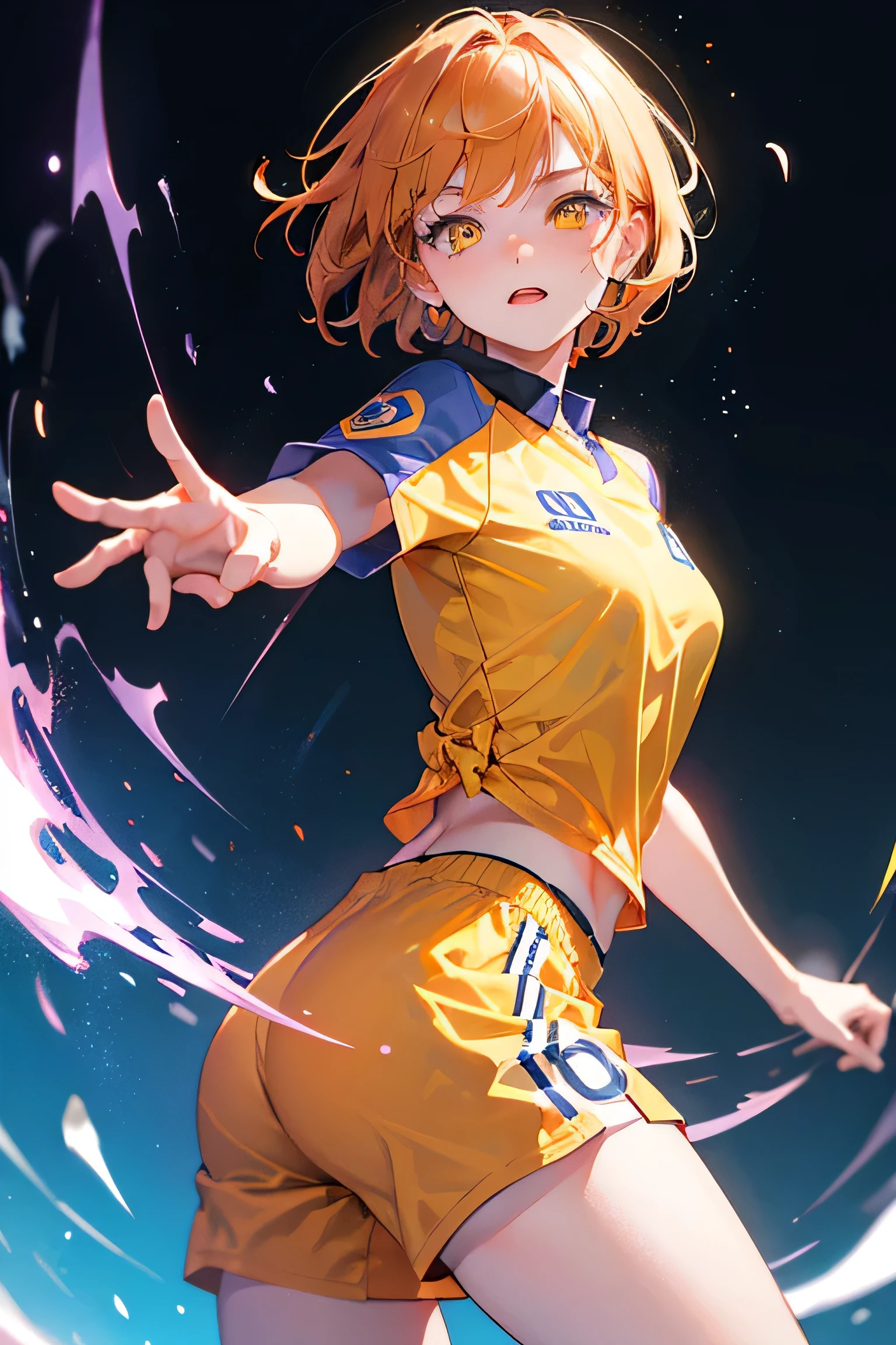 Cool orange-brown short-haired adult woman with yellow eyes wearing a soccer uniform、1 person bold pose and expression、Bullish stance、Nagi Seishiro Style、masterpiece、Open your hands、Blue-purple flame background、A little bit of cyber、Vibrant、Buchigire