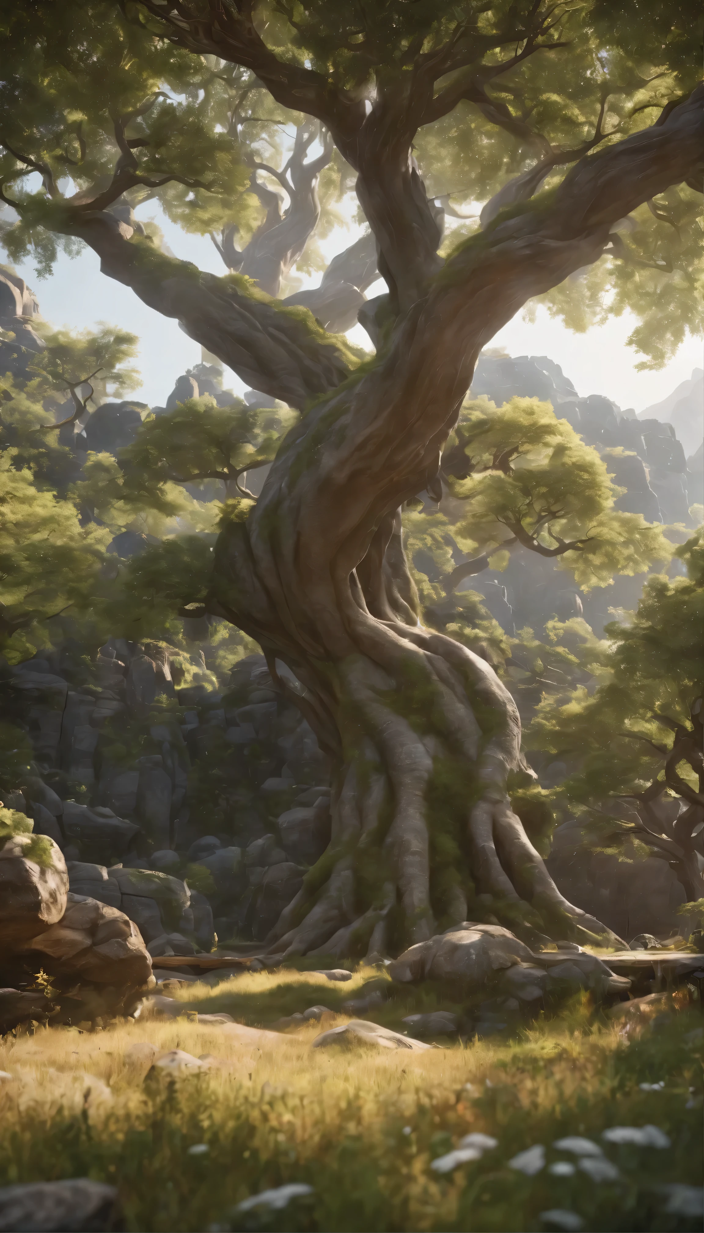 With fascinating concept art of the landscape、8K resolution and super cool sci-fi style、Boasting ultra-realistic and dramatic lighting。Atmospheric shadows create a sense of depth and mystery.、It uses ray tracing and 3D cinematic rendering to highlight hyper-detail features.。This image, with a majestic tree at the center,、Showing a very high level of detail、ArtStation&#39;s 4K and Ultra HD trend masterpiece、HDR enhances Engine 5 rendering to the point of being unrealistically stunning。