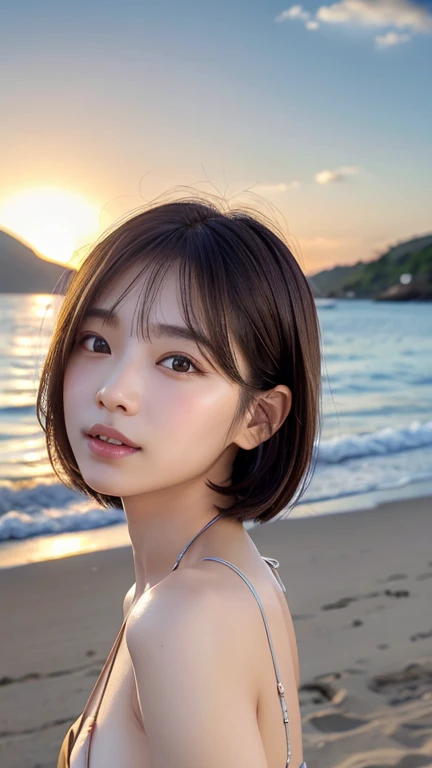 (masterpiece:1.2, highest quality),Photographed with a wide-angle single focus lens,Gravure photography,blur the background,1 High school girl, (E cup breasts),((beautiful nipples)),Black short-cut hair,((nude)),bright eyes,blushing face,smile,Highly detailed face and skin texture, healthy skin,(beach),4K resolution