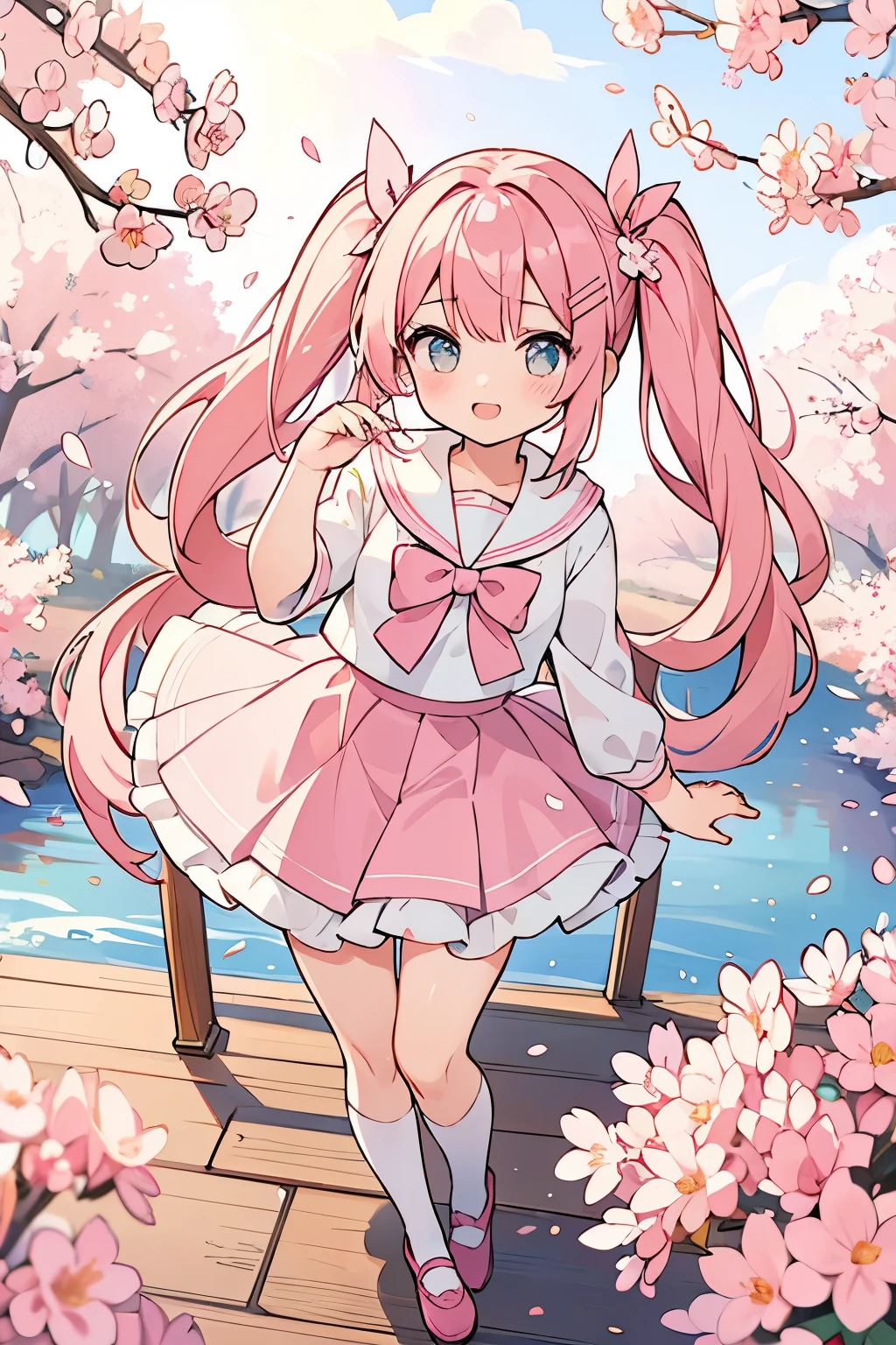 ((best quality)), ((masterpiece)), (detailed), perfect face, cute girl, pink twin tail hair, has pink petals around her, has a sakura hair clip, wearing sailor clothes, full body, skirt, knee socks
