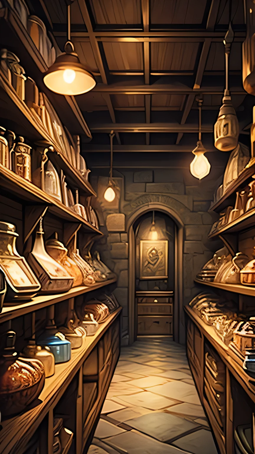 Magic shop interior in a historical setting, Front view, Harry potter, Diagon Alley, Showcase, texture, Maximum details, Pertate board, unmanned, highest quality, masterpiece, Magic Potion, Mythical creatures