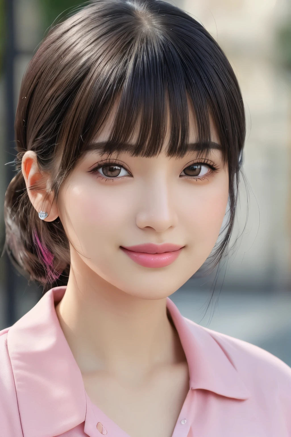 Very detailed、masterpiece、highest quality、超High resolutionエネルギーA、8KHigh resolution、Transparency それ looks great in photos、Detailed eyes、Gradation、Perfect anatomical figure , Nikon Z9 80mm Lens, Beautiful posture、yes、Thin eyebrows、Detailed eyes、Detailed nose、Mouth Details、Fine ears、Golden ratio face、(from the front)、(Curvaceous)、(Ideal ratio)、Realistic, High resolution, 1 Female, age girl, alone, Hip Up, jewelry, Black Hair、Blunt bangs, Bowl cut,ponytail、 The forehead is hidden by the bangs、shirt, skirt、(Smile、plump lower lip、Pink Lips、Inviting lips、Captivating Lips、Sexy lips、Sexy lips:1.4)