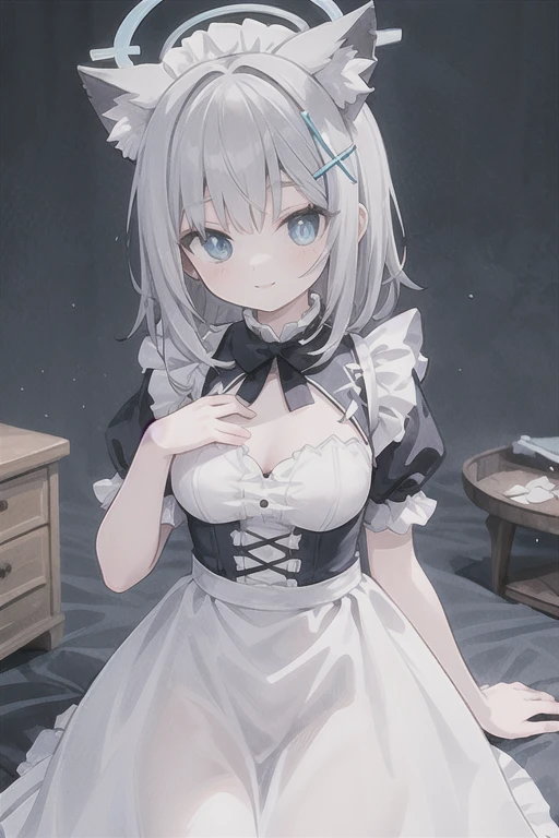 shiroko_bluearchive,beast ears,looking at viewer, little smile,pure white maid dress, maid, slim, dizzy, big-chest, wide hips, perfect waist, day atmosphere, hair ornament,