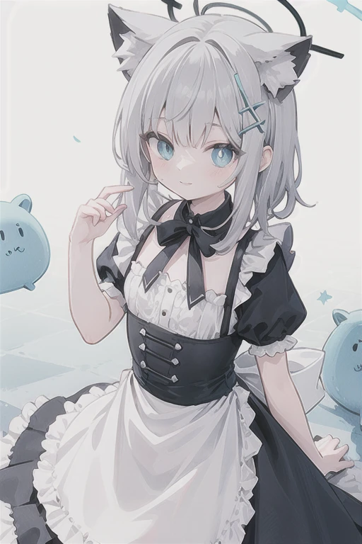 shiroko_bluearchive,beast ears,looking at viewer, little smile,pure white maid dress, maid, slim, dizzy, big-chest, wide hips, perfect waist, day atmosphere, hair ornament,