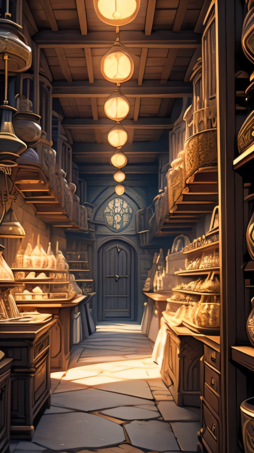 Magic shop interior in a historical setting, Front view, Harry potter, Diagon Alley, Showcase, texture, Maximum details, Pertate board, unmanned, highest quality, masterpiece, Magic Potion, Mythical creatures