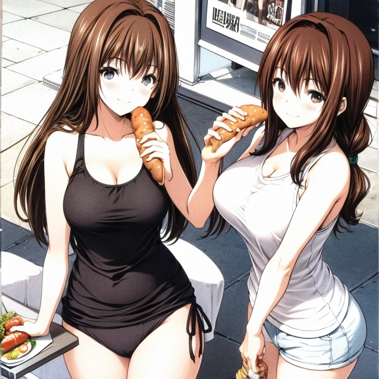A brown-haired woman in a tank top and hot pants eating a hot dog at a food stall Tight clothing