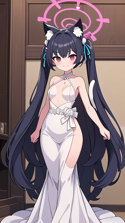 serika_bluearchive,cat ears,looking at viewer, little smile, wedding dress, wedding ceremony, slim, dizzy, big-chest, wide hips, perfect waist, day atmosphere, hair ornament, standing, full body,