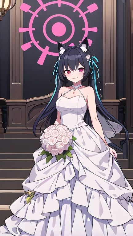 serika_bluearchive,cat ears,looking at viewer, little smile, wedding dress, wedding ceremony, slim, dizzy, big-chest, wide hips, perfect waist, day atmosphere, hair ornament, standing, full body,