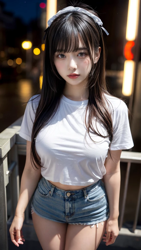 muste piece, best quality, illustration, Super detailed, fine details, High resolution, 8K,wall paper, perfect dynamic composition,(Details High quality, realistic depiction of eyes:1.3), (Fashionable, white t-shirt, a denim miniskirt), large breasts, black hair color, Big Natural Color Lip, (perfect body shape), crying a little、cold gaze, Harajuku style、20 year old girl、cute type、lolita、beautiful legs, night club, at midnight, Gravure Idol, Voluptuous thighs