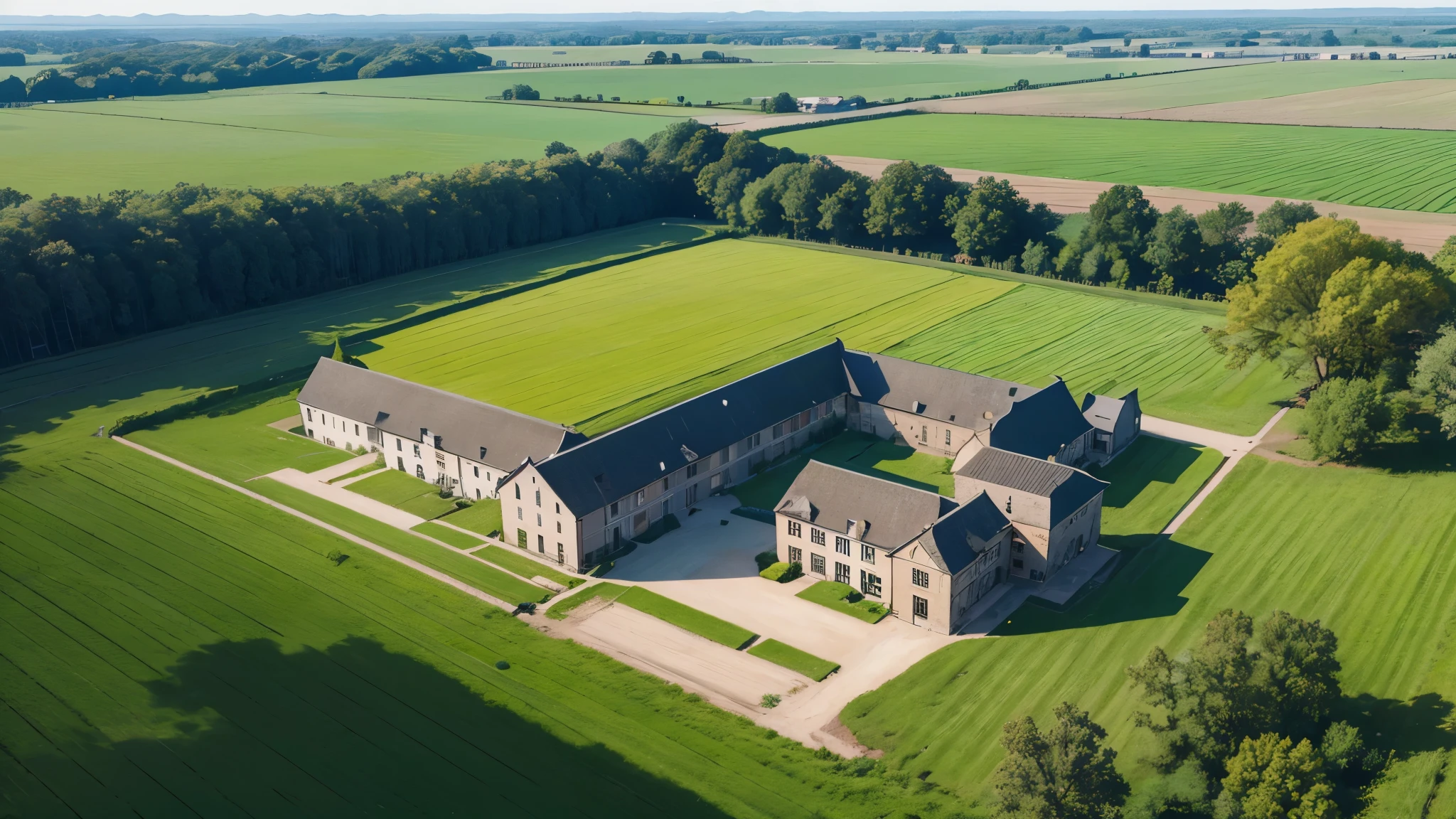 A school, old, large, is located in a green and beautiful field, there is no sign of any civilization nearby, image in high quality, image seen from above