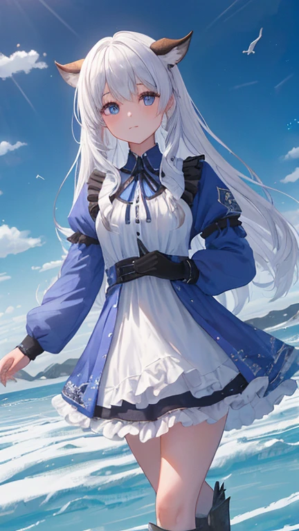 super fine illustration, una chica extremadamente linda y hermosa, hermoso rostro y ojos muy detallados, mirar al espectador, tiro de vaquero, hermoso cabello largo, solo, dynamic angle, hermoso vestido de hielo detallado con volante, castillo de hielo en el fondo, blue tone