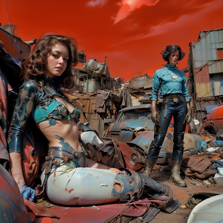 Dusk sky with eerie clouds、In a junkyard, a disabled female android with red eyes, wearing a tattered dark navy blue bikini and one broken leg, lies limp on a pile of rusty iron.、Realistic illustration with a young male scientist in the background surprised to find it, Pulp SF Illustration, Depicted as a sci-fi scene, 60's sci-fi pinup style, Pulp Comics Tile, 60's sci-fi pinup, Retroscience - Fireart, 5 0 s Pulp SF Illustration, 8 0 s sci - fi comic art