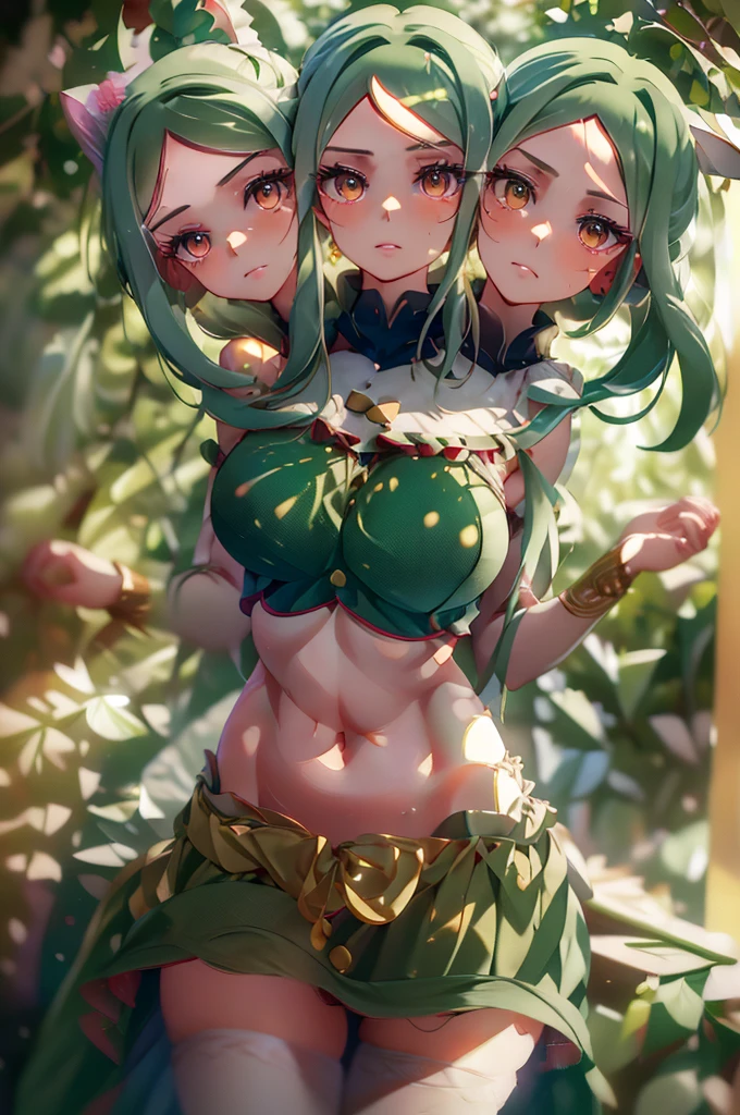 (masterpiece, best quality), best quality, (ultra-detailed), (3heads:1.5), 1girl, (mai tereida:1.3), masterpiece, best quality, ultra quality, ultra resolution, dark green top, crop top, ((stomach)), midriff, ((groin)), dark green skirt, normal ears, shackles, reseda green hair, very long hair, wavy hair, long sidelocks, pea colored eyes, parted lips, single horn, sweat, cute, toned belly, hand on own chest, eyelashes, (24 year old woman:1.3), (masterpiece:1.5), (best quality:1.5), (beautiful detailed), extremely detailed CG, extremely delicate and beautiful, depth of field, (finely detailed face), (perfect details:1.2), (mature female:1.3), wide pelvis, slender, large veiny breast, 16k resolution, highres, very high quality, very high definition, extremely detailed, masterpiece, reseda green hair, long hair, alluring presence, braid, short skirt, close up, big tits, young, waist apron,