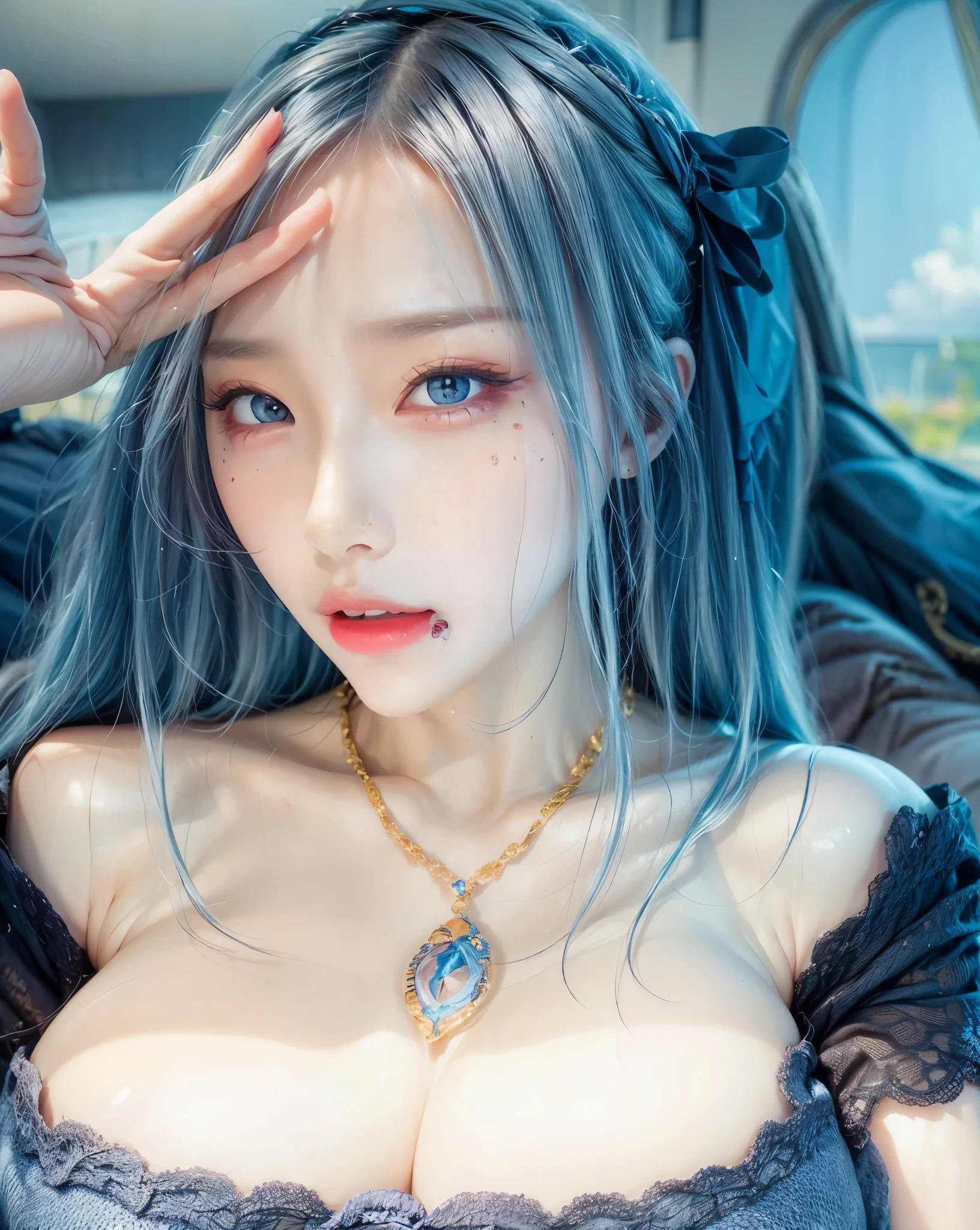 realistic, 1gril, per HD, 12k, beautiful breasts, looking at the camera, sitting on the sofa, long black hair, facial details, detailed person, body details, clothing details, hair details, body details, body details, breast details, vagina details, clothes, eye details, sweat details, water details, pose (knees bent and legs wide apart) whole body