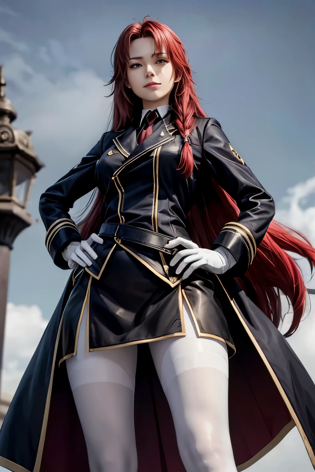 masterpiece, highest quality,  Iris Midgar, Black coat, Black Uniform, Long sleeve, Gold border, Black Skirt, White Pantyhose, belt, White gloves, Large Breasts, Hands on hips, Grin, Frowning, View your viewers, From below, Grey Sky