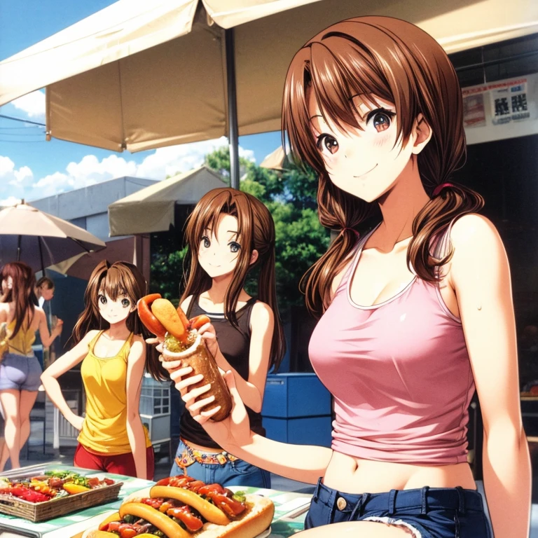 A brown-haired woman in a tank top and hot pants eating a hot dog at a food stall　Tight clothing　Hot Dog Detail