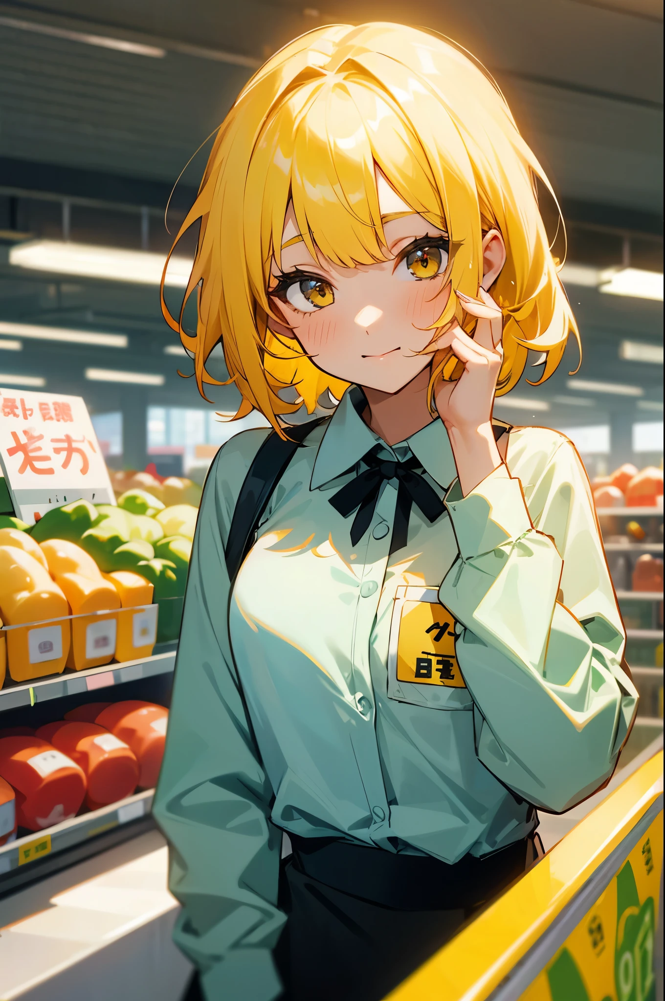 1girl, supermarket, cute, beautiful face, upper body, cashier, supermarket cashier, yellow_hair, medium hair, nervous,

