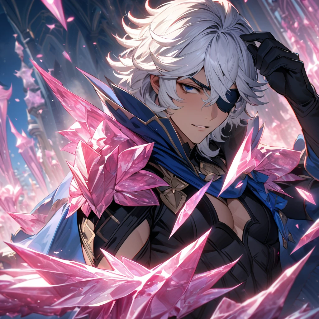 absurdres, highres, ultra detailed, HDR, masterpiece, extremely detailed face and eyes, Niles, white hair, expressive dark blue eyes, Fire Emblem Fates, black eye patch on his left eye, solo, sexy man, handsome, blue cape, black clothes, black gloves, pink ice trees, pink ice butterflies, pink ice flowers, pink ice fantasy