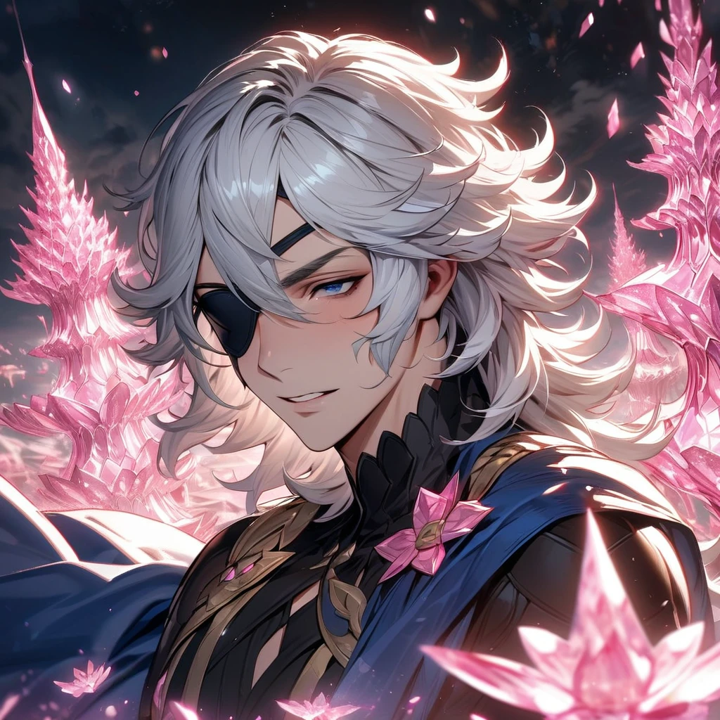 absurdres, highres, ultra detailed, HDR, masterpiece, extremely detailed face and eyes, Niles, white hair, expressive dark blue eyes, Fire Emblem Fates, black eye patch on his left eye, solo, sexy man, handsome, blue cape, black clothes, black gloves, pink ice trees, pink ice butterflies, pink ice flowers, pink ice fantasy