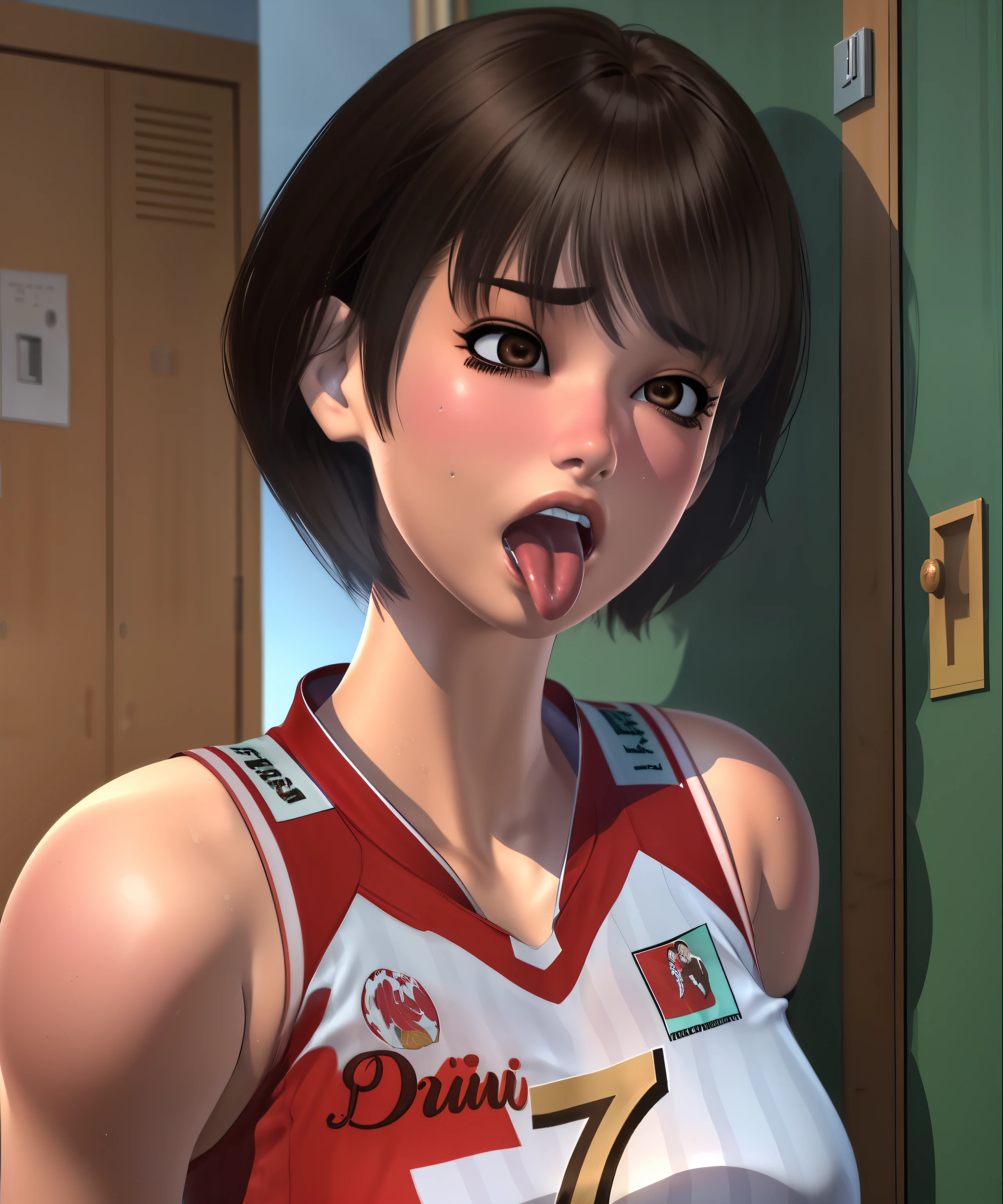 kaori,brown hair,brown eyes,short hair,rolling eyes,tongue out
volleyball uniform,sleeveless,number 7,
standing,upper body,
locker room,
(insanely detailed, beautiful detailed face, masterpiece, best quality),solo,