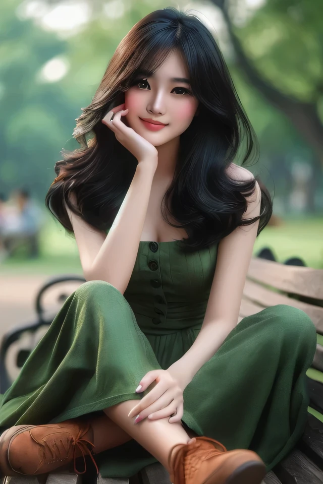 araffe woman sitting on a bench in a park with her hand on her chin, beautiful girl model, beautiful model girl, realistic cute girl painting, very beautiful girl, lovely woman, beautiful character painting, anime thai girl, light green tone beautiful face, beautiful asian girl, beautiful digital illustration, beautiful digital artwork, beautiful digital painting, cute beautiful, beautiful realistic photo