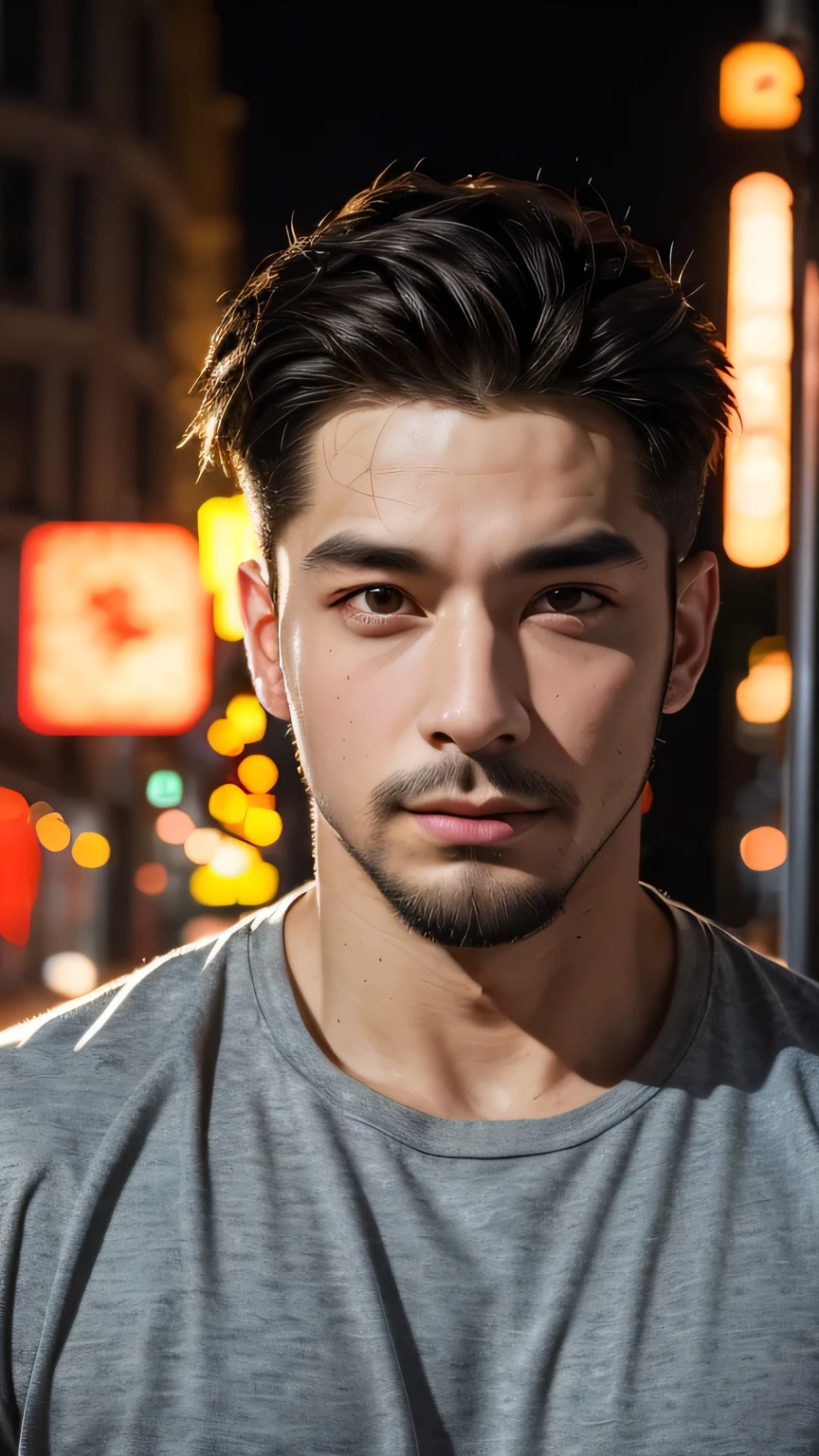 最high quality, masterpiece, 超High resolution, Detailed Background, realism, An illustration, single, 1 boy, street, logic, Volumetric lighting, Depth of written boundary, Facial hair, Fitness Trainer、masterpiece, 最high quality, high quality, High resolution, (Upper body portrait)、